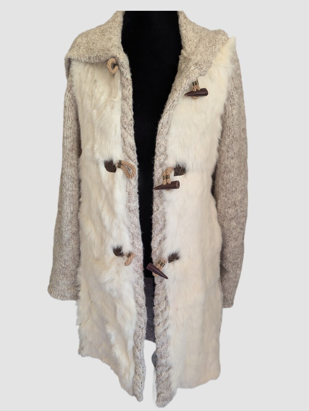 Vintage Zara Genuine Rabbit Fur Hooded Wool Blend Coatigan Jacket size Large